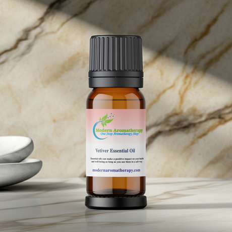 Vetiver Essential Oil bottle for aromatherapy, massage blending, and daily relaxation use.
