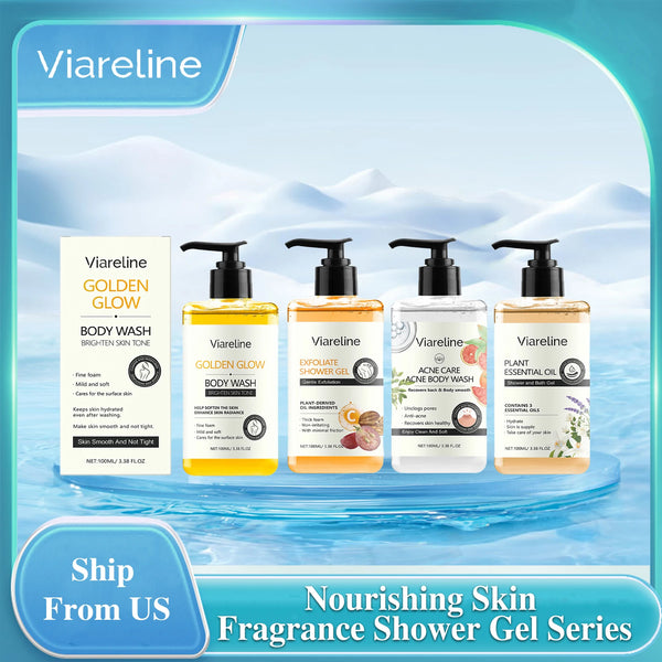 Viareline 4-in-1 Gentle Cleansing Shower Gel 100ml bottles and packaging on blue background.