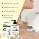 Viareline 4-in-1 Gentle Cleansing Shower Gel 100ml featuring plant extracts with person showing skin application.