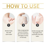 Usage instructions for Viareline Collagen Nourishing Body Wash Gel 100ml with three-step application guide.