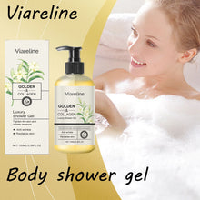 Viareline Collagen Nourishing Body Wash Gel 100ml with woman in bathtub on yellow background for daily skin care.