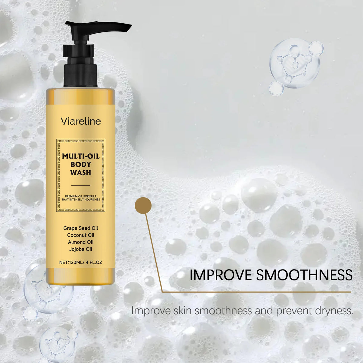 Viareline Deep Moisturizing Body Wash Oil 120ml bottle with soft soap bubbles on gray background.