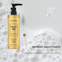 Viareline Deep Moisturizing Body Wash Oil 120ml bottle with soft soap bubbles on gray background.