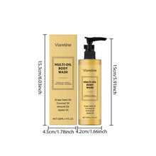Viareline Deep Moisturizing Body Wash Oil 120ml with product packaging and dimensions on white background.