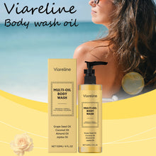 Viareline Deep Moisturizing Body Wash Oil 120ml with packaging and woman in the background for daily skin nourishment.