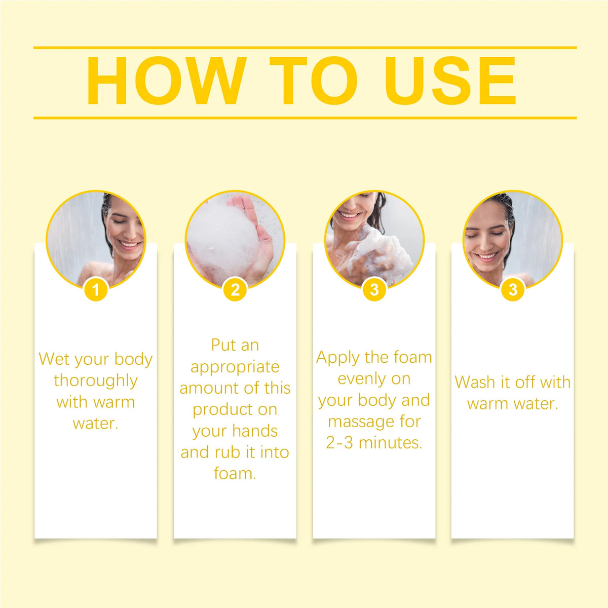 Usage instructions for Viareline Deep Moisturizing Body Wash Oil 120ml with step-by-step washing guide.