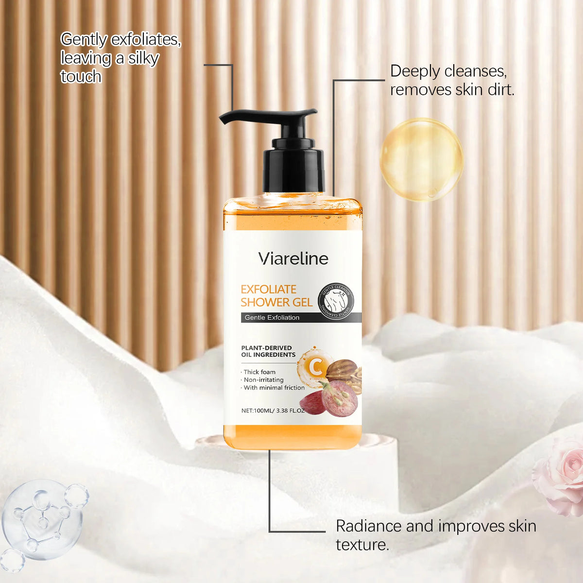 Viareline Exfoliating & Moisturizing Body Shower Gel 100ml highlighting grape seed oil and antioxidant benefits.