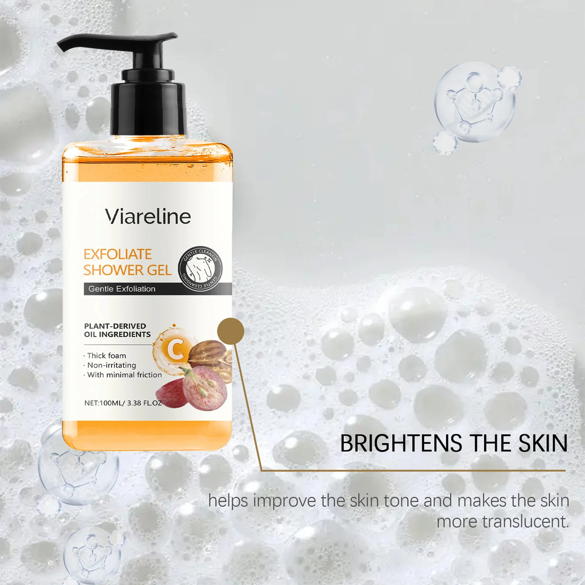 Viareline Exfoliating & Moisturizing Body Shower Gel 100ml showing smooth, radiant skin benefits.