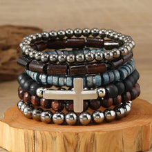 Vintage boho beaded bracelet set with leather wrap bands and Tree of Life accent for festival outfits, casual styling, and gift giving.