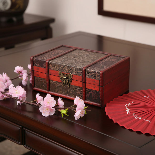 Vintage Chinese wooden jewelry storage box with carved wood design for organizing jewelry, keepsakes, and small accessories.