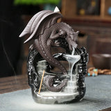 Vintage Dragon Backflow Incense Burner emitting cascading smoke for meditation and spiritual home décor.