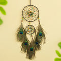 Vintage Peacock Feather Dream Catcher wall hanging for bedroom decor, spiritual protection, and boho home styling.