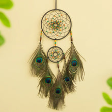 Vintage Peacock Feather Dream Catcher wall hanging for bedroom decor, spiritual protection, and boho home styling.