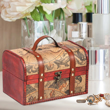 Vintage pirate treasure chest storage box wooden chest for keepsake storage, room decor, and themed display use.