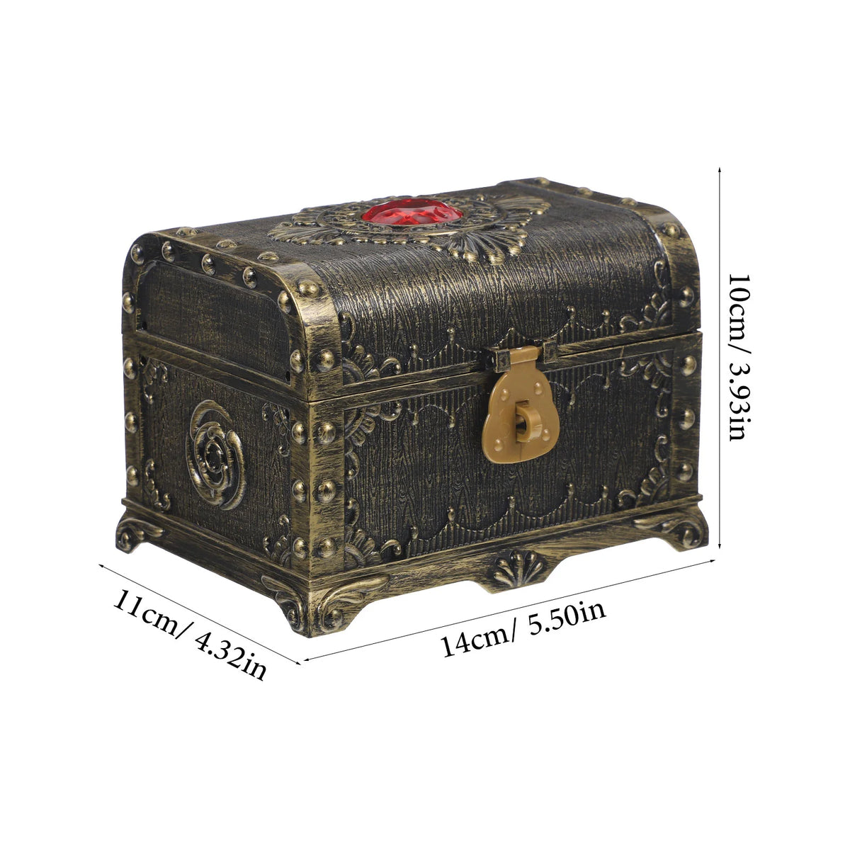 Vintage plastic treasure chest with lock for storing jewelry, coins, and collectible keepsakes.