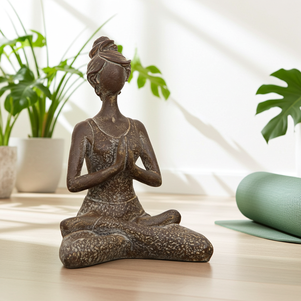 Vintage Sukhasana yoga statue with antique finish for altar decoration, mindfulness spaces, and calming interior decor.