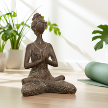 Vintage Sukhasana yoga statue with antique finish for altar decoration, mindfulness spaces, and calming interior decor.