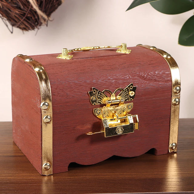 Vintage wooden treasure chest with lock for keepsake storage, gift presentation, and decorative display.