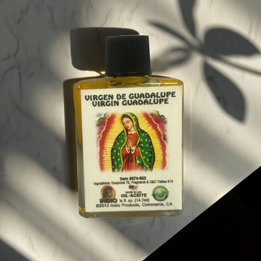 Virgen De Guadalupe Wish Oil bottle for devotional prayer, intention setting, and sacred use.