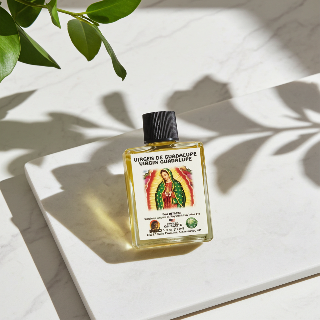 Virgen De Guadalupe Wish Oil spiritual oil bottle for blessing, altar work, and religious ritual practice.