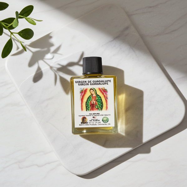 Virgen De Guadalupe Wish Oil bottle for prayer, spiritual anointing, and devotional ritual use.