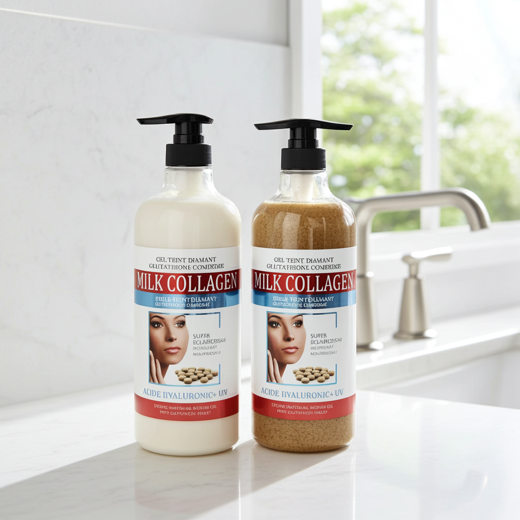 Two bottles of Milk Collagen product on a kitchen counter with a window in the background.