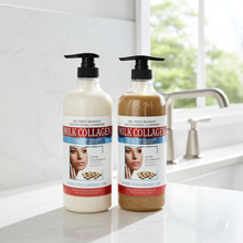 Two bottles of Milk Collagen product on a kitchen counter with a window in the background.