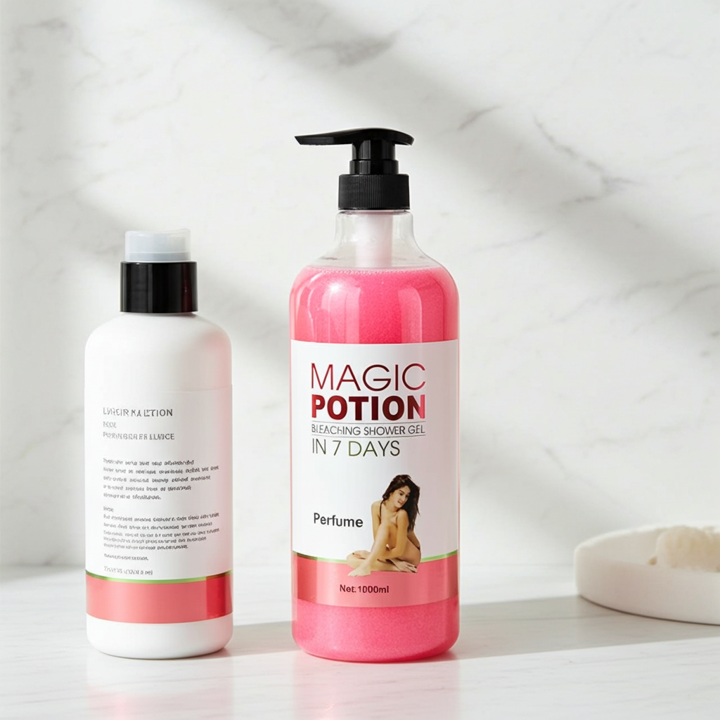 Vitamin C AHA Body Lotion & Shower Gel bottle for brightening bath care, exfoliating body cleansing, and moisturizing skin support.