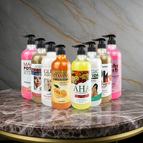 Vitamin C AHA Body Lotion & Shower Gel bottle for brightening skin care, body cleansing, and daily moisturizing use.