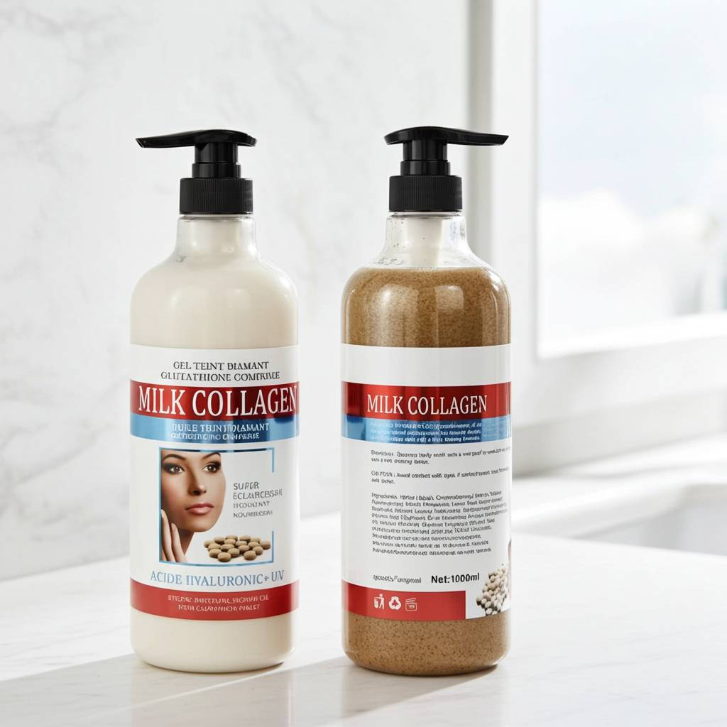 Vitamin C AHA Body Lotion & Shower Gel 1000ml bottles for daily exfoliating cleansing and skin brightening on white background.