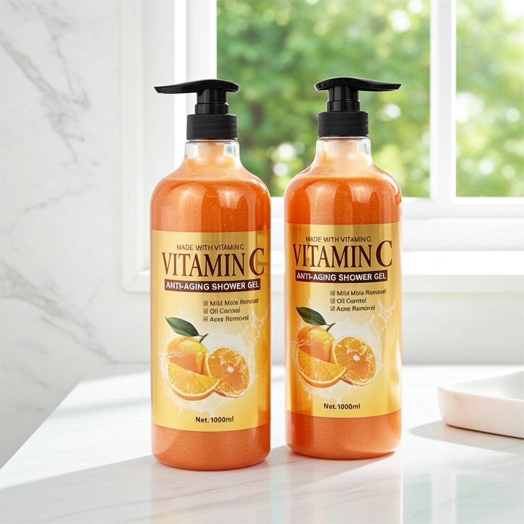 Two bottles of Vitamin C anti-aging shower gel on a white surface with a blurred green background.