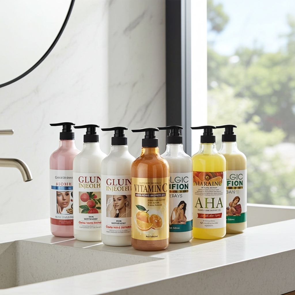 Vitamin C AHA Body Lotion & Shower Gel bottle for exfoliating body care, smooth skin support, and everyday shower use.