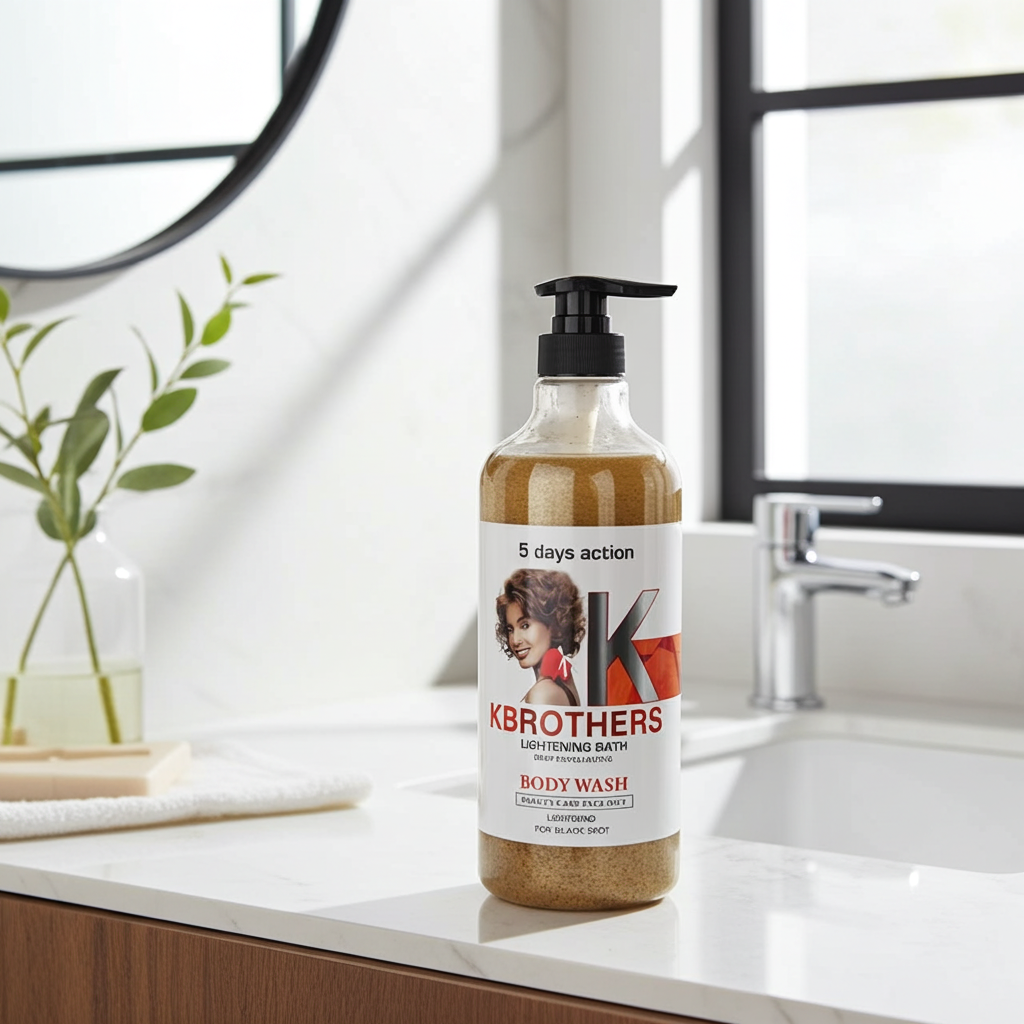 K Brothers body wash bottle on a bathroom counter with a mirror and sink in the background.