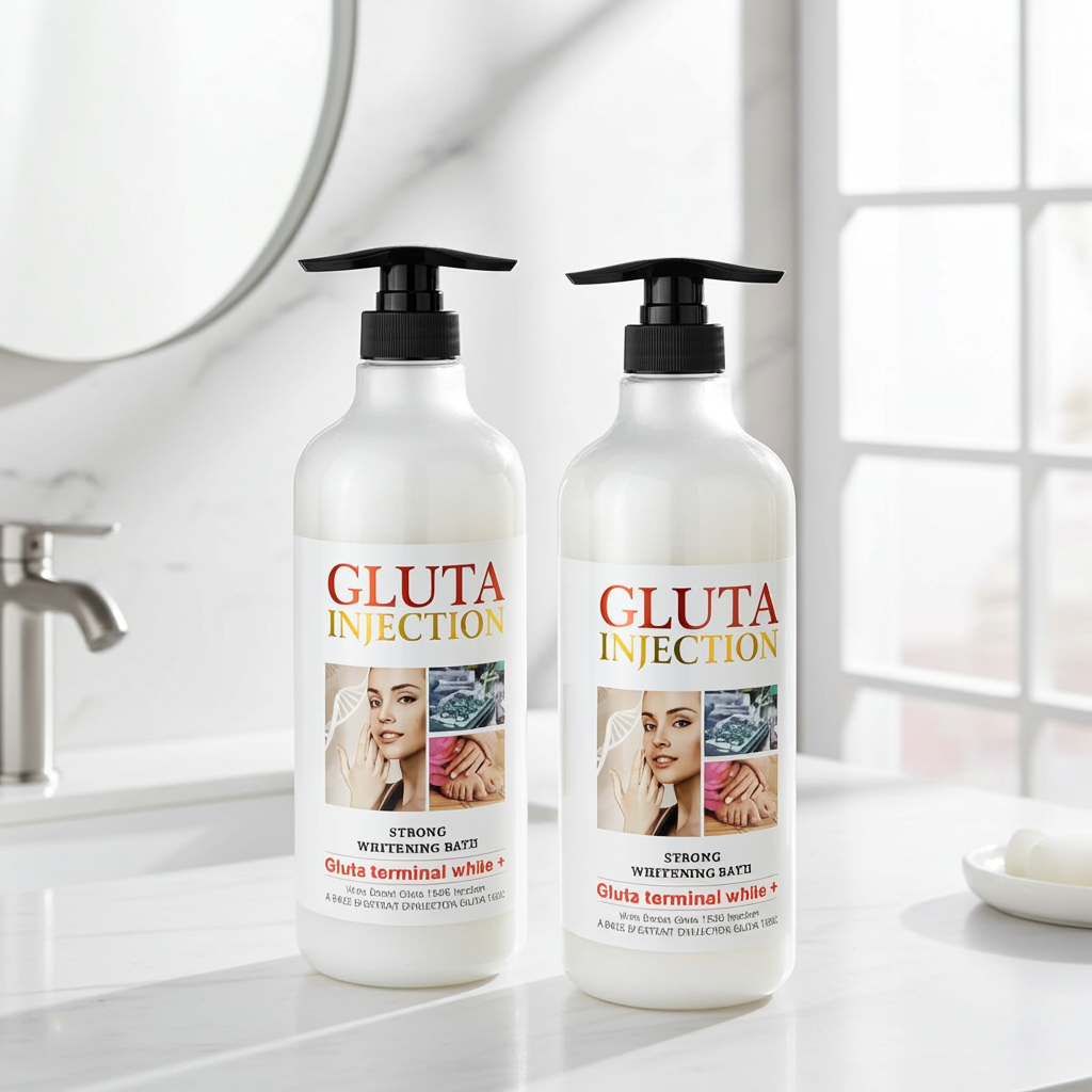 Two bottles of 'GLUTA INJECTION' on a bathroom counter with a mirror in the background.
