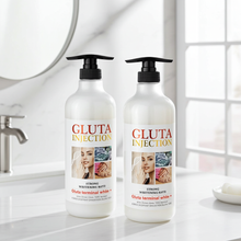 Two bottles of 'GLUTA INJECTION' on a bathroom counter with a mirror in the background.