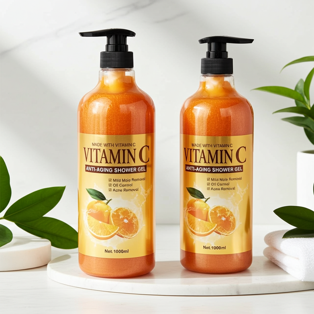 Two bottles of Vitamin C anti-aging shower gel on a white surface with green plants in the background.