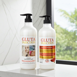 Two bottles of 'Gluta Injection' on a surface with a window in the background
