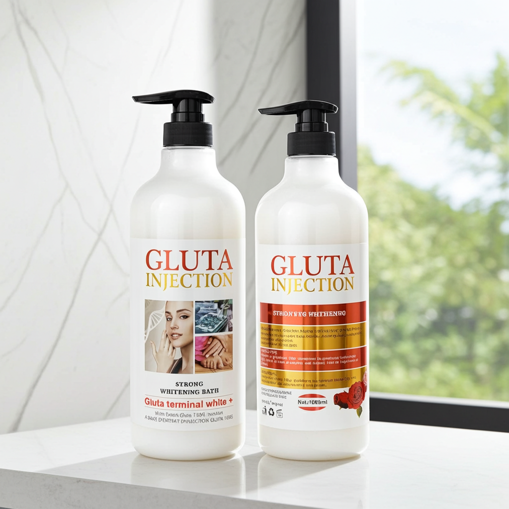 Two bottles of 'Gluta Injection' on a surface with a window in the background