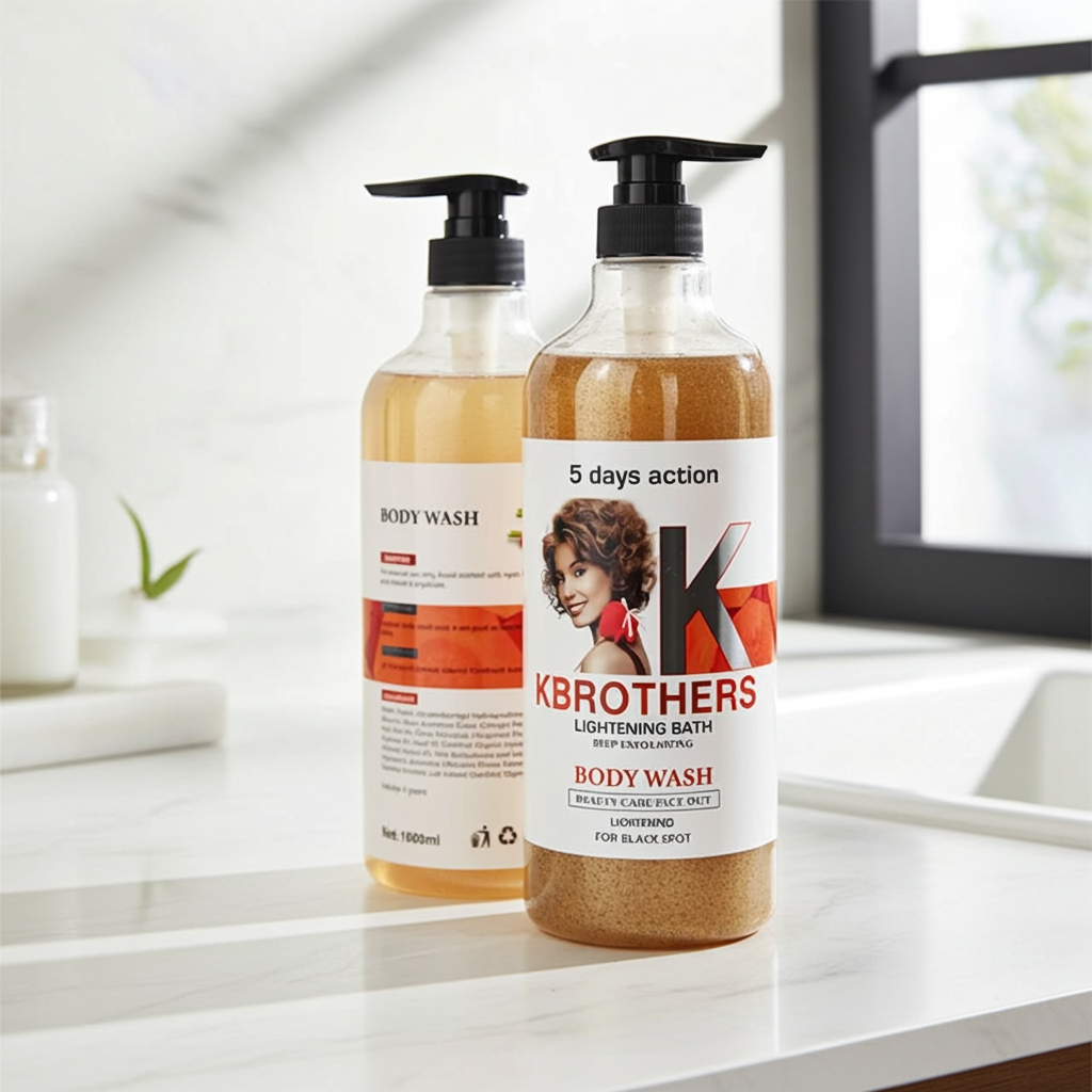 Two bottles of K Brothers body wash on a bathroom counter.