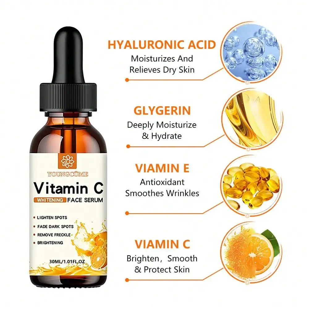 Vitamin C facial essence bottle for brightening dull skin, deep moisturizing, and improving uneven tone.