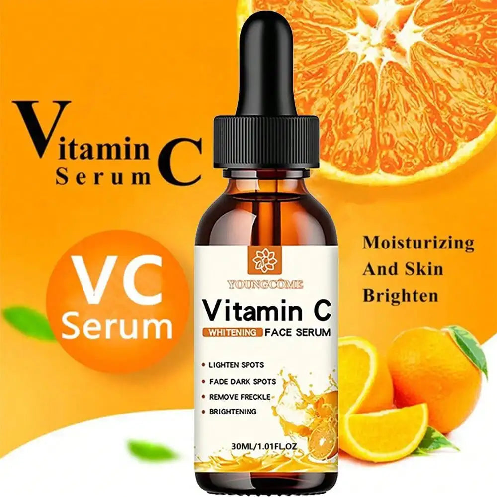 Vitamin C facial essence 30ml bottle with hyaluronic acid for dark spot correction, skin hydration, and daily anti-aging care.