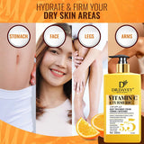 Vitamin C Turmeric Brightening Body Lotion with product and recommended application areas on skin.