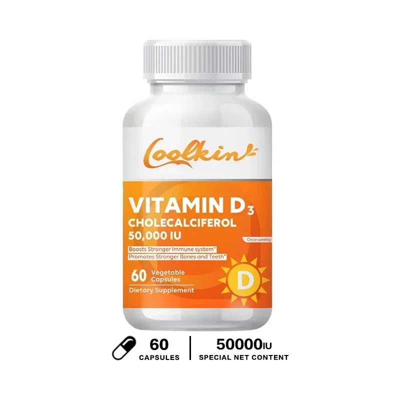 Coolkin Vitamin D3 50,000 IU capsules supplement bottle for nutritional intake and regular supplement use.