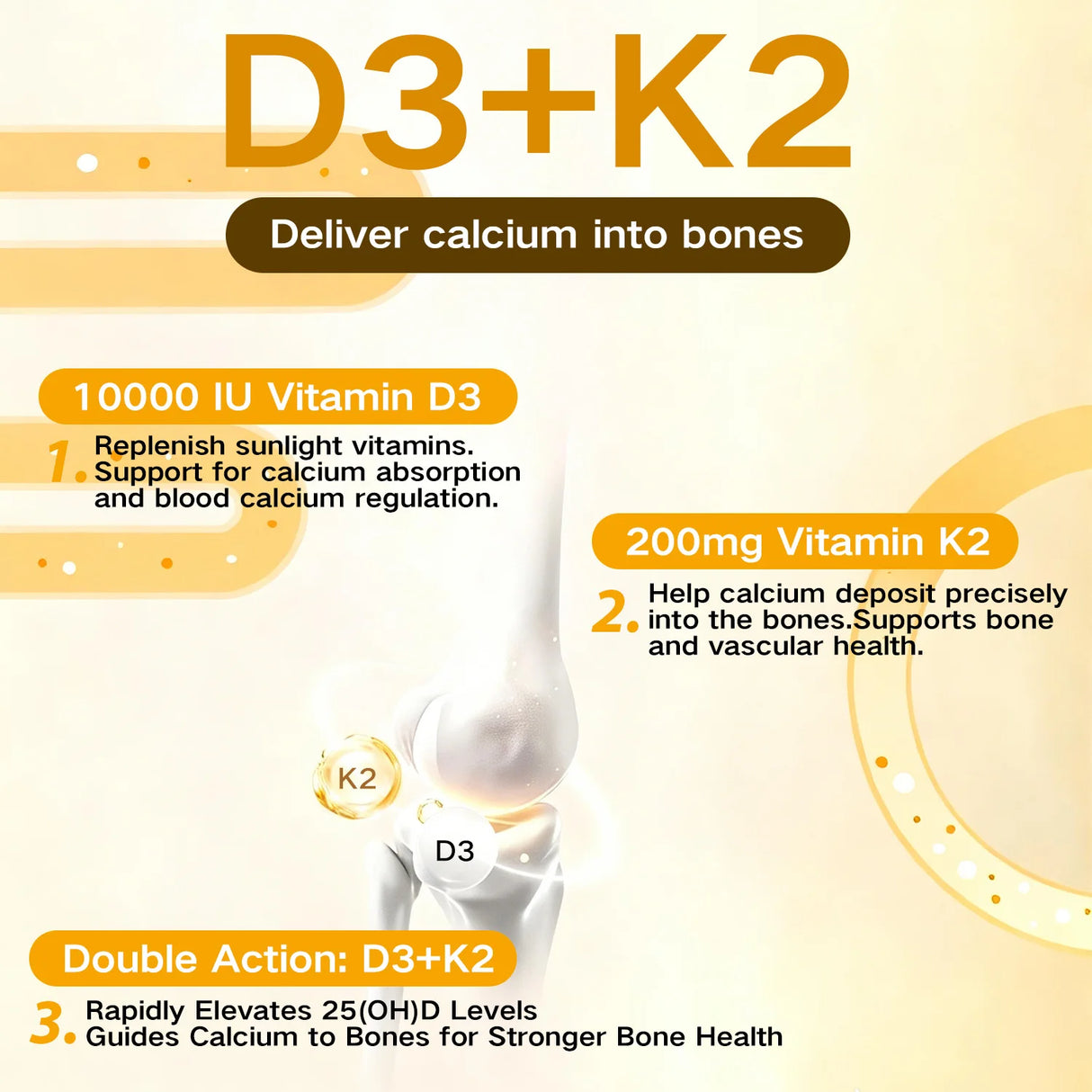 Vitamin D3K2 soft capsule supplement for calcium absorption support and bone health maintenance.