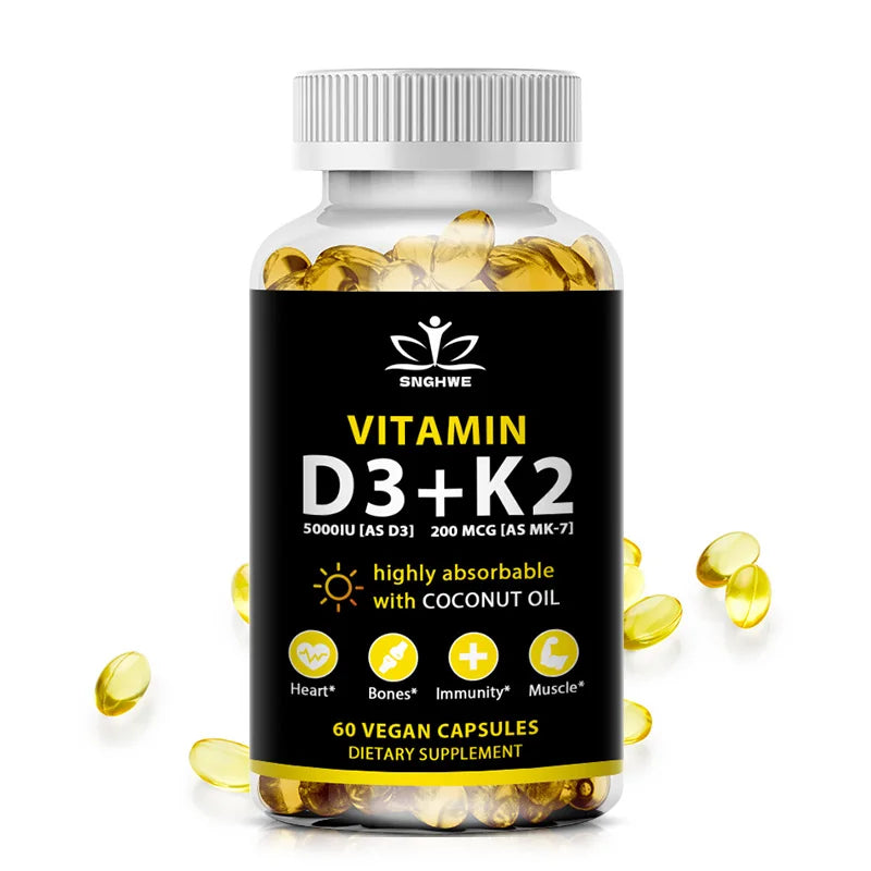 SNGHWE Vitamin D3 K2 capsules for daily wellness, calcium support, and bone health maintenance.