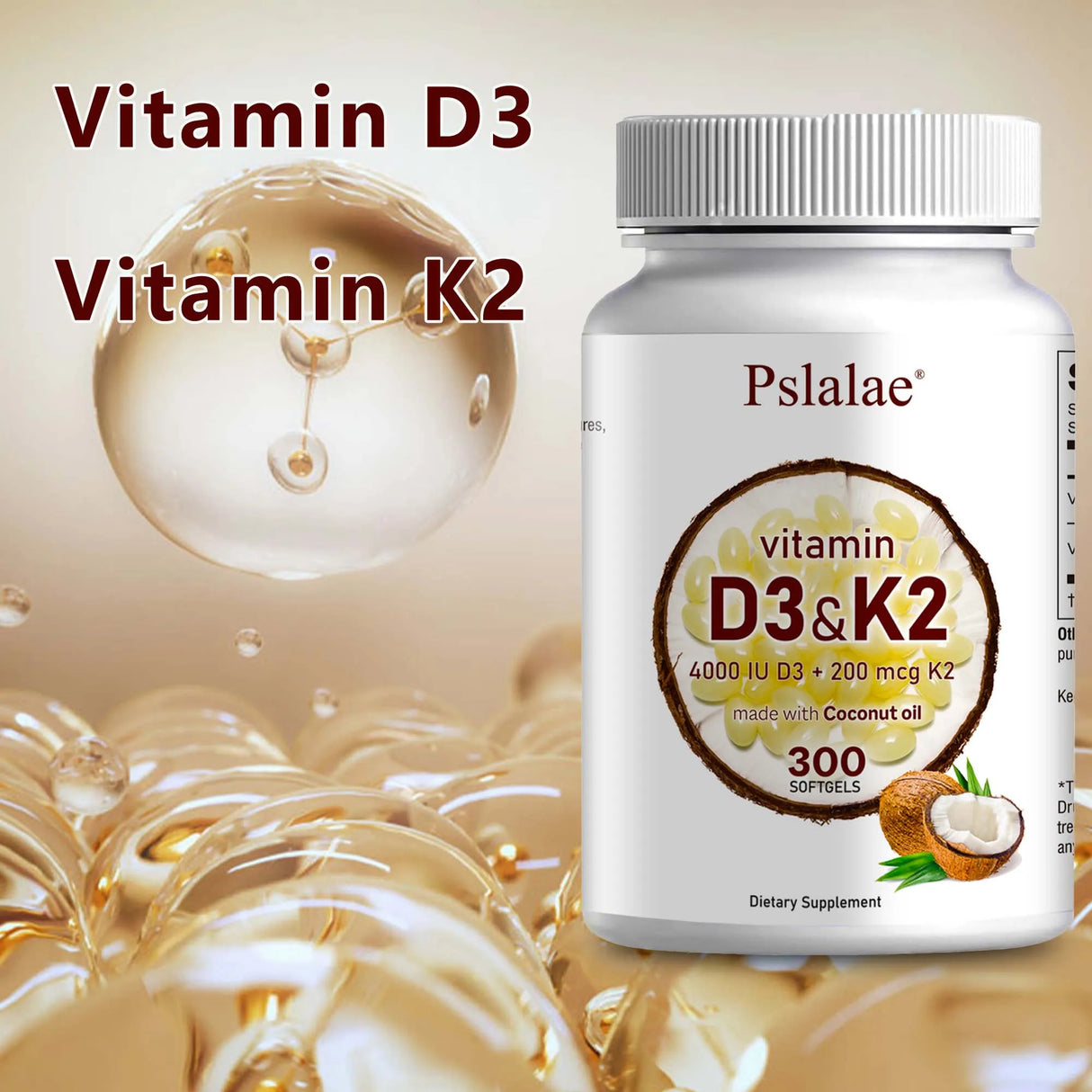 Pslalae Vitamin D3 + K2 coconut oil softgels bottle for immune support, bone maintenance, and routine supplementation.