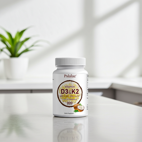 Pslalae Vitamin D3 + K2 coconut oil softgels supplement bottle for calcium support and everyday health use.