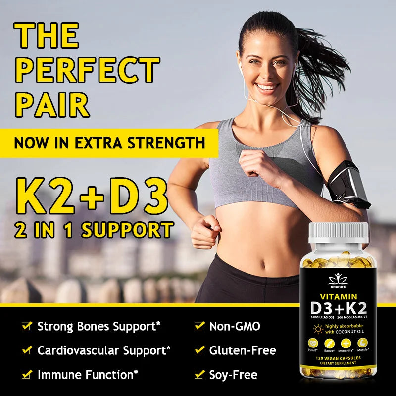 SNGHWE Vitamin D3 K2 daily capsules bottle for wellness support, bone care, and routine supplementation.