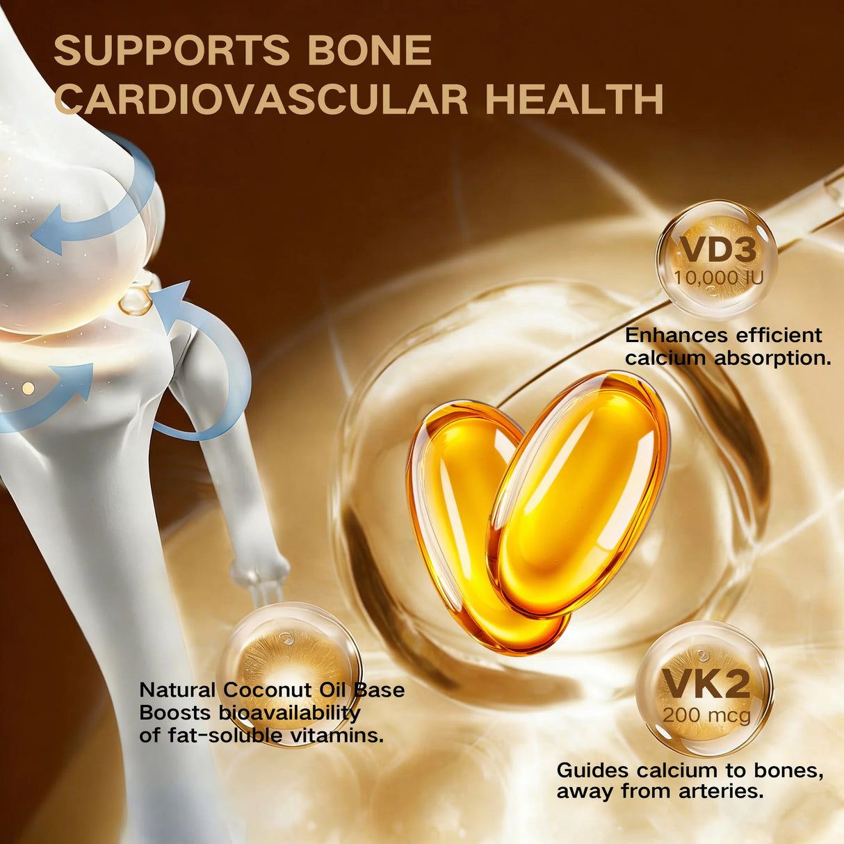 Vitamin D3K2 trace ingredient soft capsule supplement for calcium absorption support and everyday nutritional use.