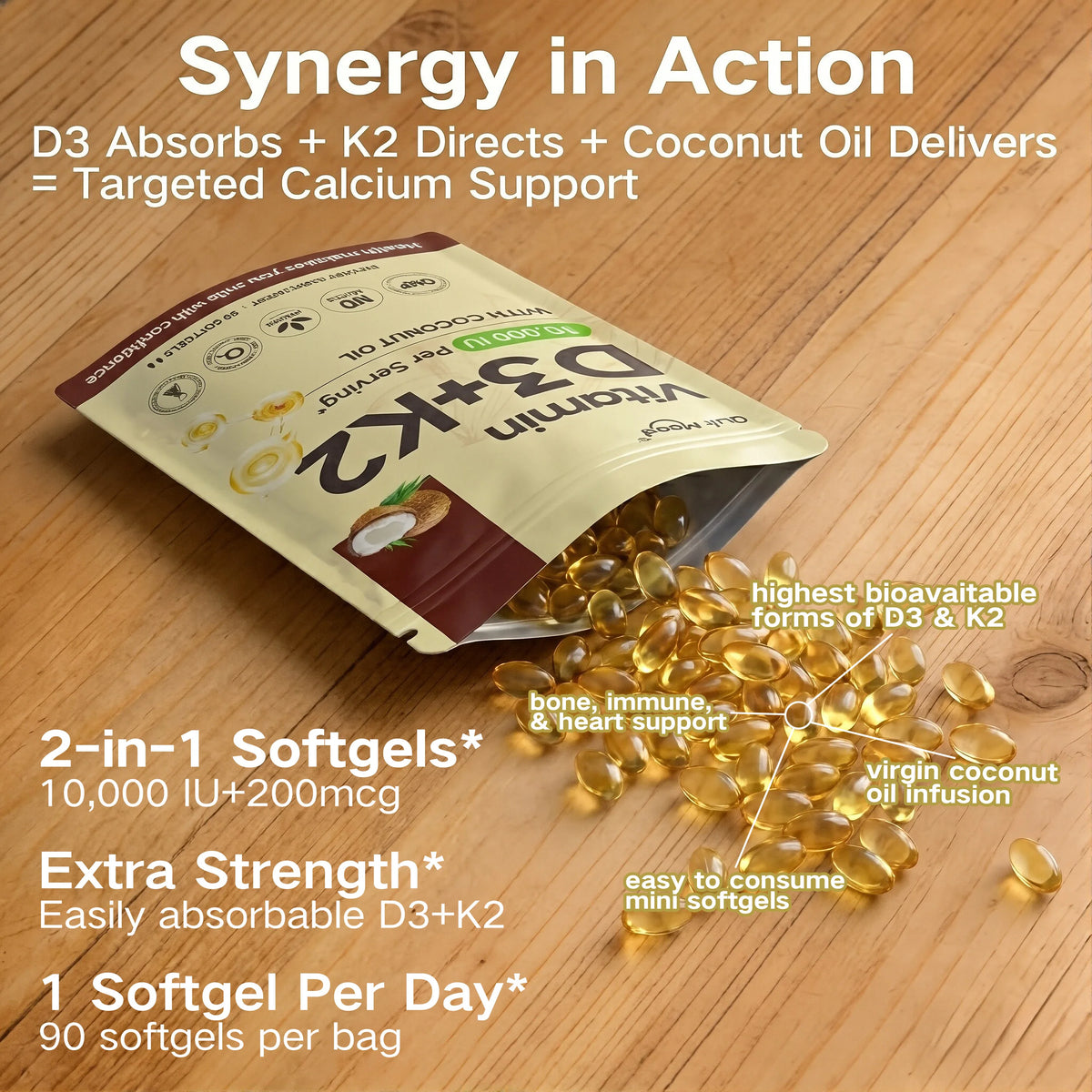 Vitamin D3K2 vitamin supplement soft capsules for supporting calcium absorption and routine wellness supplementation.